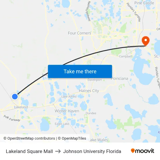 Lakeland Square Mall to Johnson University Florida map