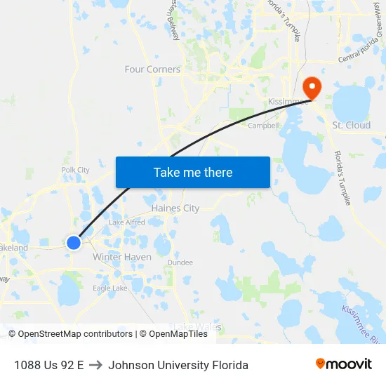 1088 Us 92 E to Johnson University Florida map
