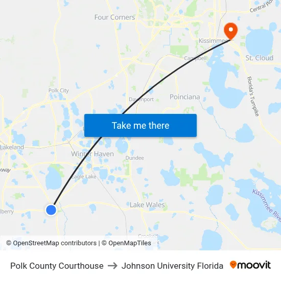 Polk County Courthouse to Johnson University Florida map