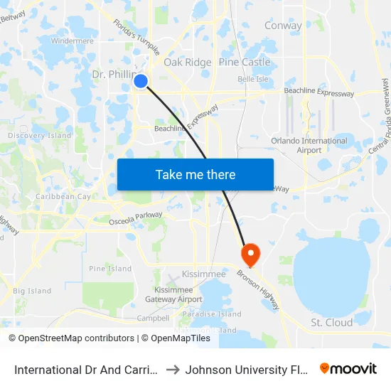 International Dr And Carrier Dr to Johnson University Florida map