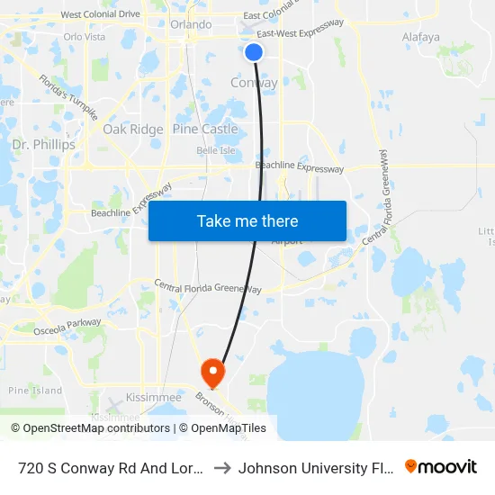 720 S Conway Rd And Loring Pl to Johnson University Florida map
