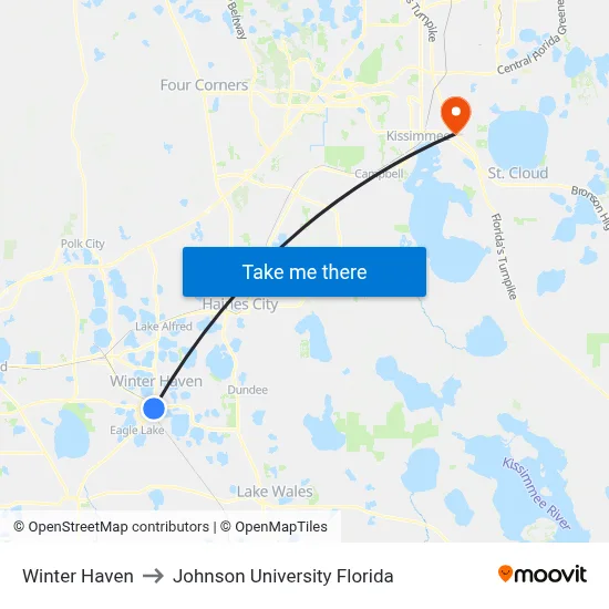 Winter Haven to Johnson University Florida map
