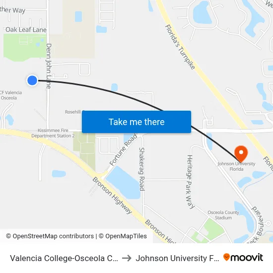 Valencia College-Osceola Campus to Johnson University Florida map