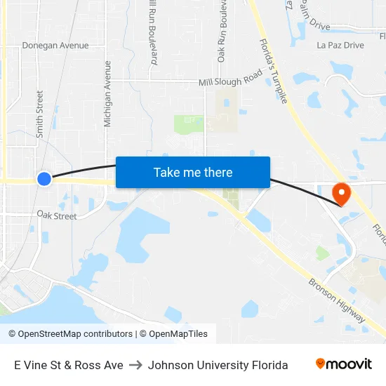 E Vine St & Ross Ave to Johnson University Florida map