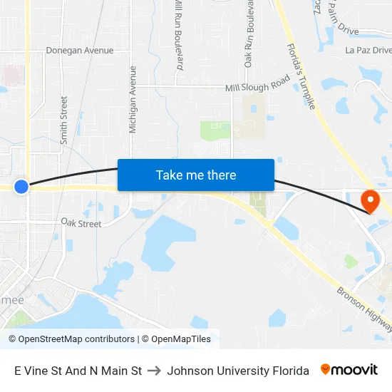 E Vine St And N Main St to Johnson University Florida map