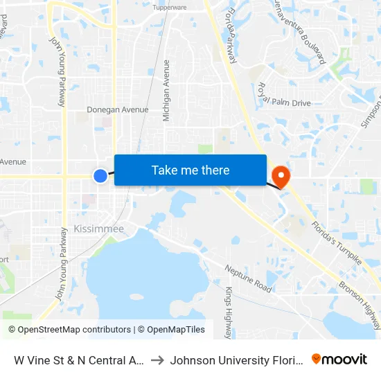 W Vine St & N Central Ave to Johnson University Florida map