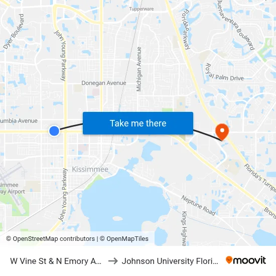 W Vine St & N Emory Ave to Johnson University Florida map