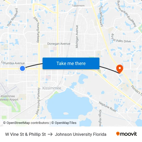 W Vine St & Phillip St to Johnson University Florida map