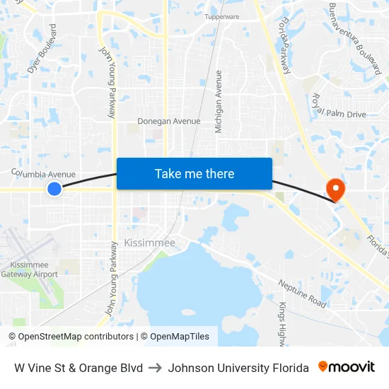 W Vine St & Orange Blvd to Johnson University Florida map