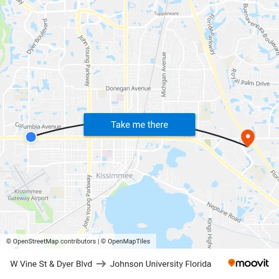 W Vine St & Dyer Blvd to Johnson University Florida map