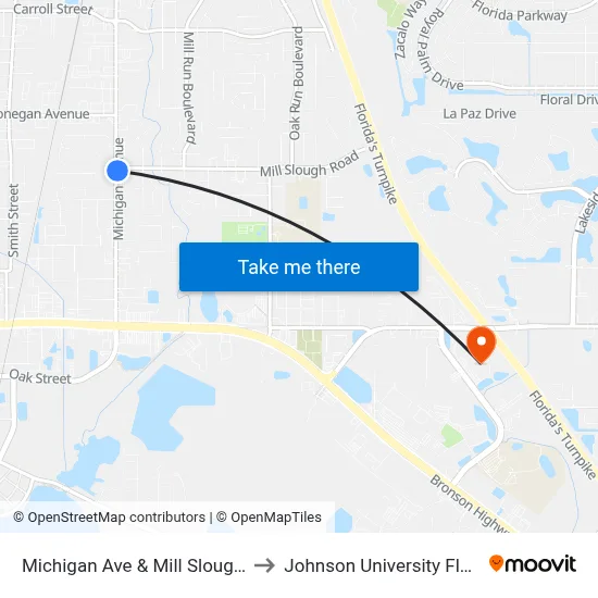 Michigan Ave & Mill Slough Rd to Johnson University Florida map