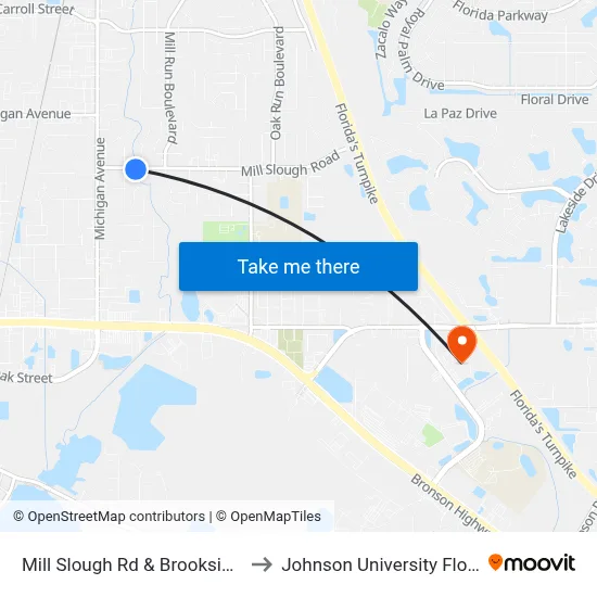 Mill Slough Rd & Brookside Ct to Johnson University Florida map