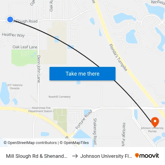 Mill Slough Rd & Shenandoah Ln to Johnson University Florida map