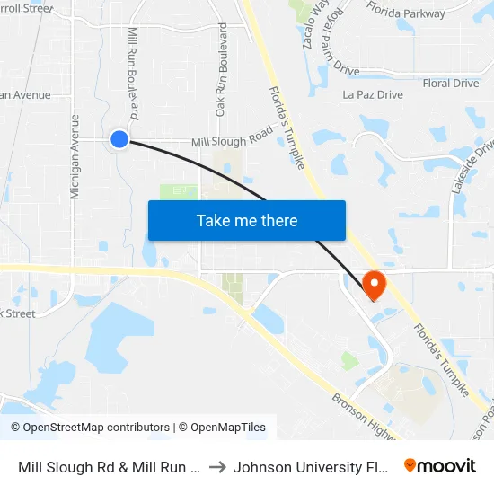 Mill Slough Rd & Mill Run Blvd to Johnson University Florida map