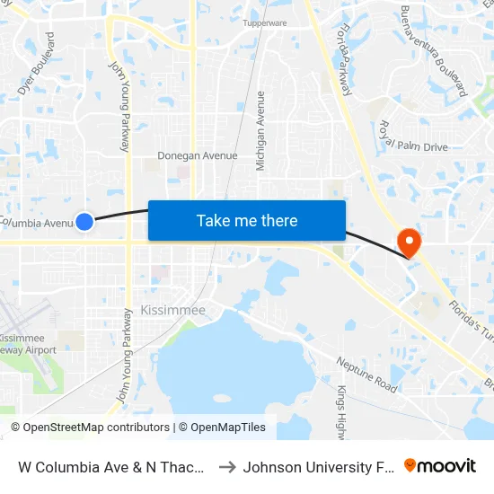 W Columbia Ave & N Thacker Ave to Johnson University Florida map