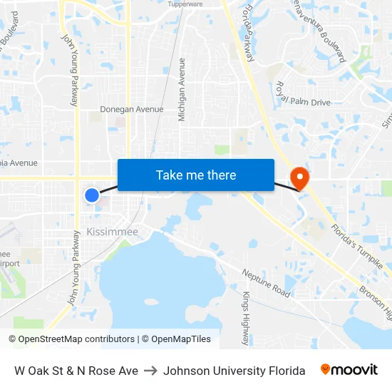 W Oak St & N Rose Ave to Johnson University Florida map