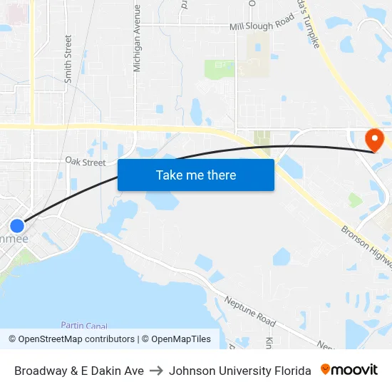 Broadway & E Dakin Ave to Johnson University Florida map