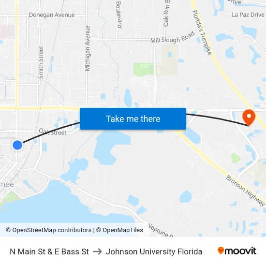 N Main St & E Bass St to Johnson University Florida map