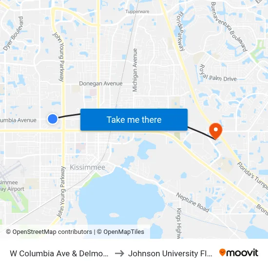W Columbia Ave & Delmos Ave to Johnson University Florida map