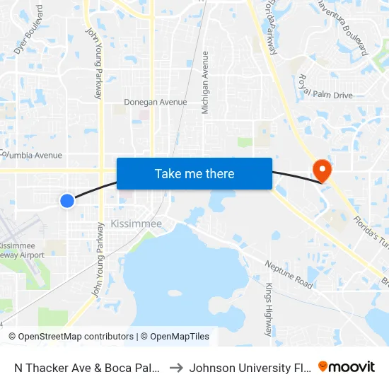 N Thacker Ave & Boca Palms Cir to Johnson University Florida map