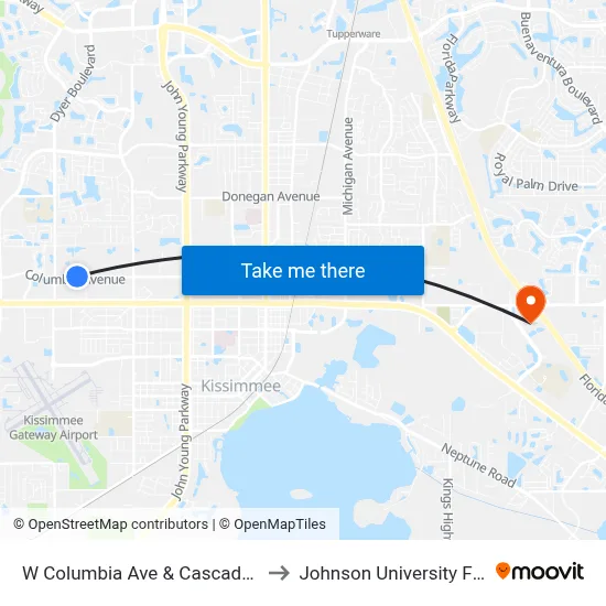 W Columbia Ave & Cascades Blvd to Johnson University Florida map