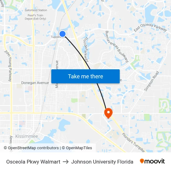 Osceola Pkwy Walmart to Johnson University Florida map