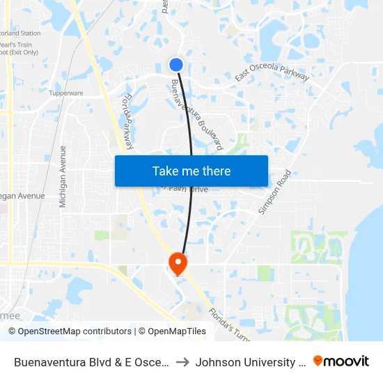 Buenaventura Blvd & E Osceola Pkwy to Johnson University Florida map