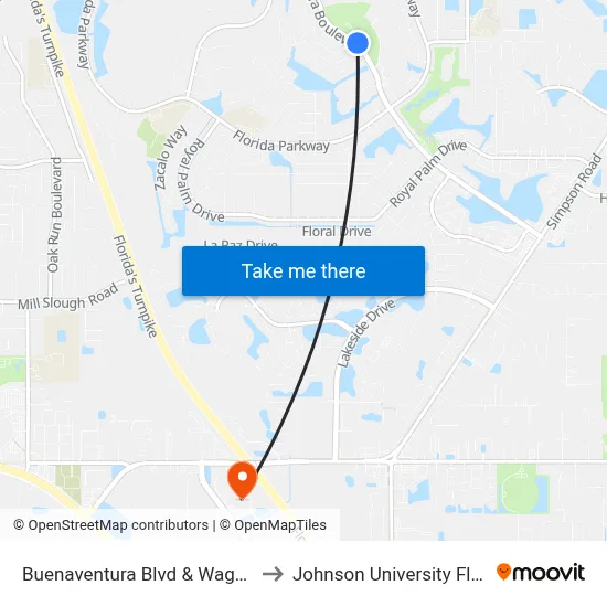Buenaventura Blvd & Wagon Cir to Johnson University Florida map