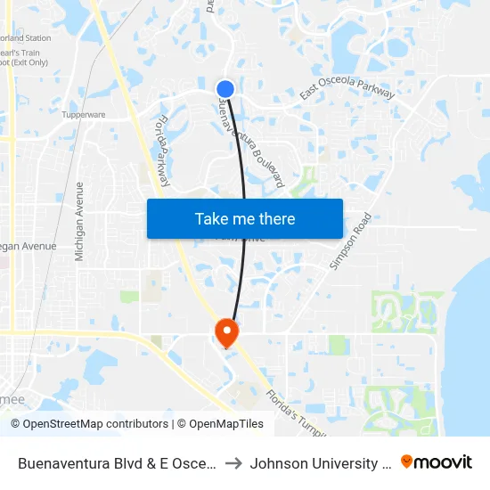 Buenaventura Blvd & E Osceola Pkwy to Johnson University Florida map