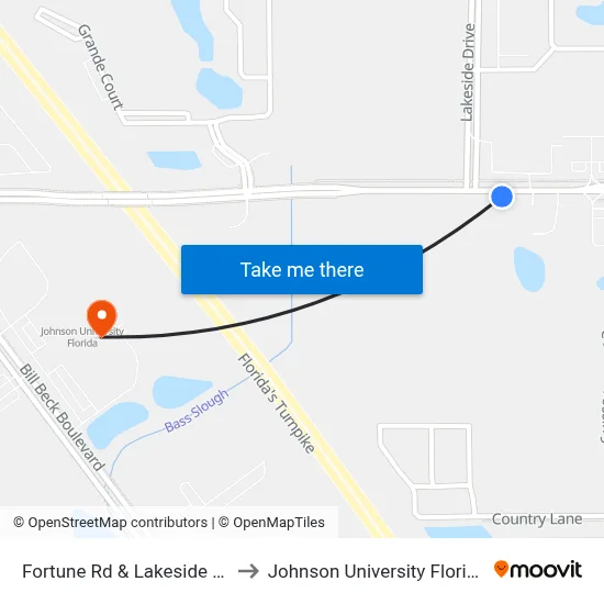 Fortune Rd & Lakeside Dr to Johnson University Florida map