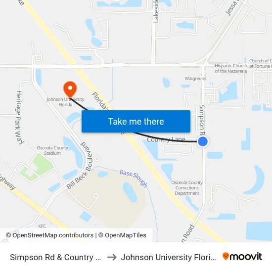 Simpson Rd & Country Ln to Johnson University Florida map