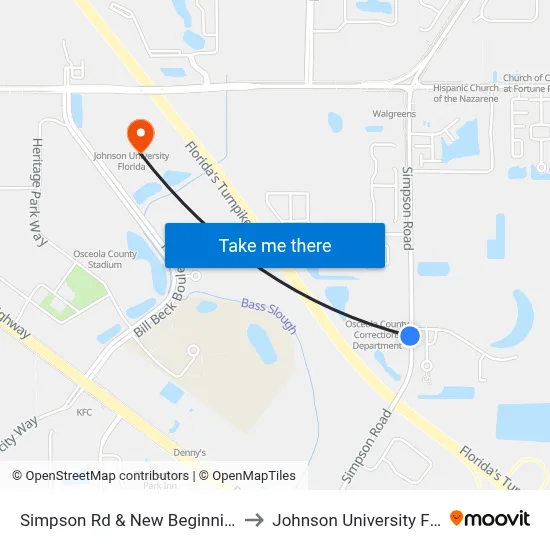 Simpson Rd & New Beginnings Rd to Johnson University Florida map