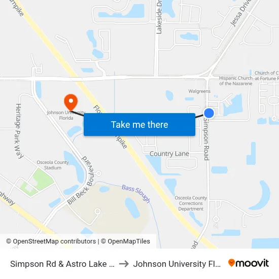 Simpson Rd & Astro Lake Dr W to Johnson University Florida map