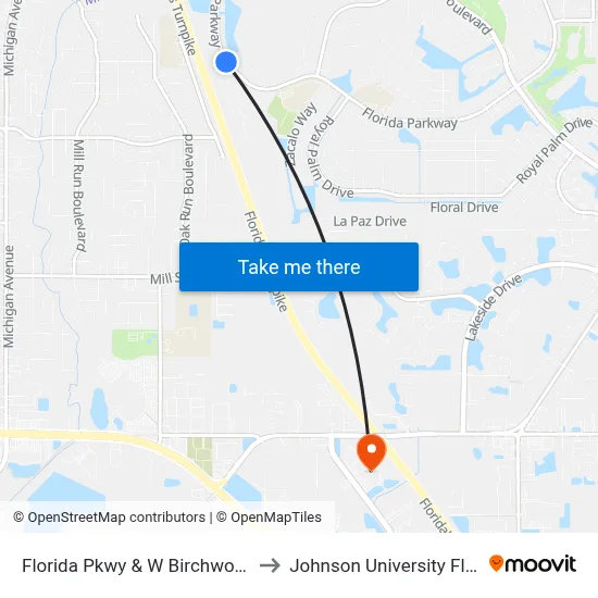 Florida Pkwy & W Birchwood Cir to Johnson University Florida map