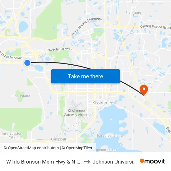 W Irlo Bronson Mem Hwy & N Poinciana Blvd to Johnson University Florida map