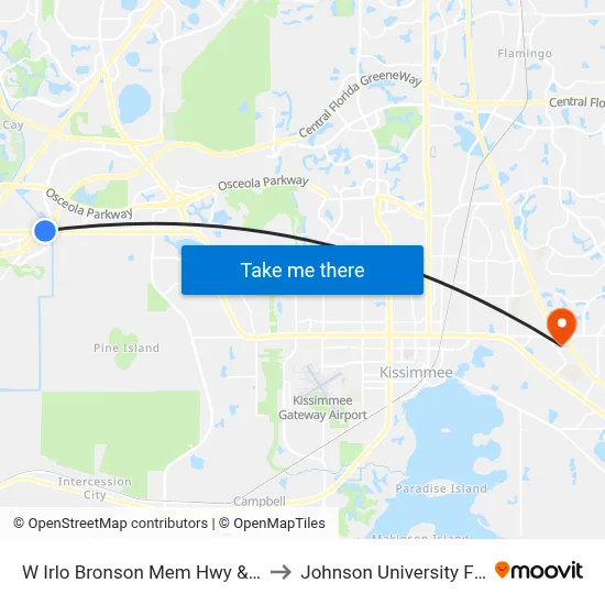 W Irlo Bronson Mem Hwy & Sr 417 to Johnson University Florida map