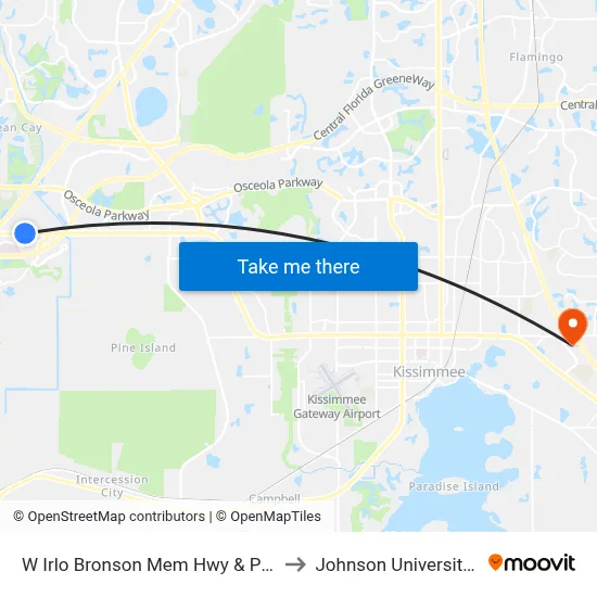 W Irlo Bronson Mem Hwy & Parkway Blvd to Johnson University Florida map