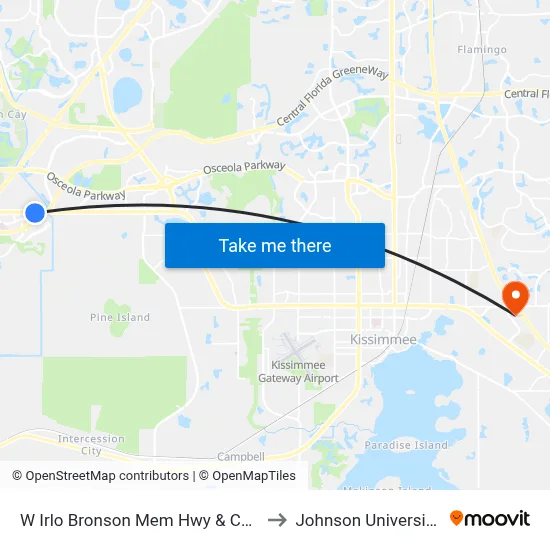 W Irlo Bronson Mem Hwy & Celebration Ave to Johnson University Florida map