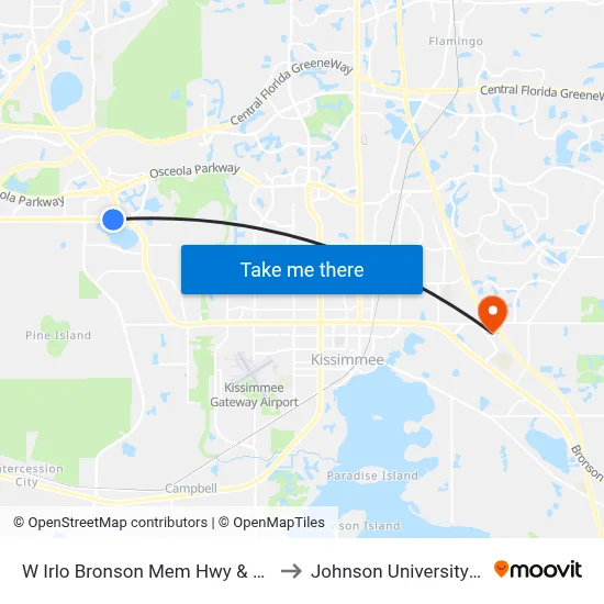 W Irlo Bronson Mem Hwy & Lawton Dr to Johnson University Florida map