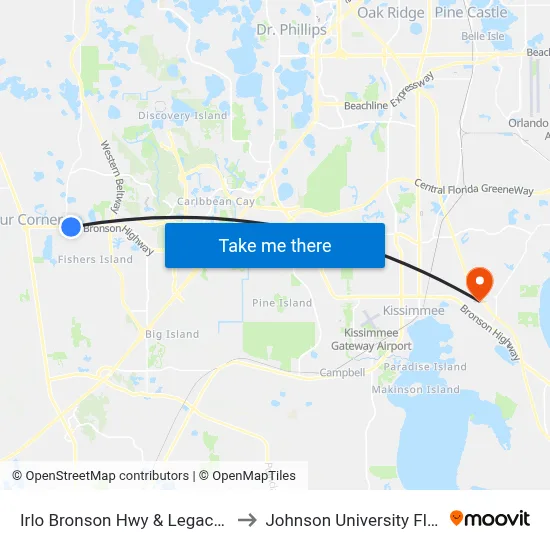 Irlo Bronson Hwy & Legacy Blvd to Johnson University Florida map