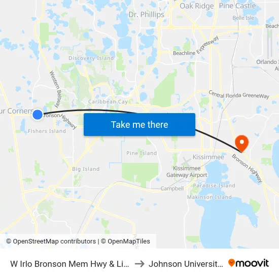 W Irlo Bronson Mem Hwy & Lindfields Blvd to Johnson University Florida map