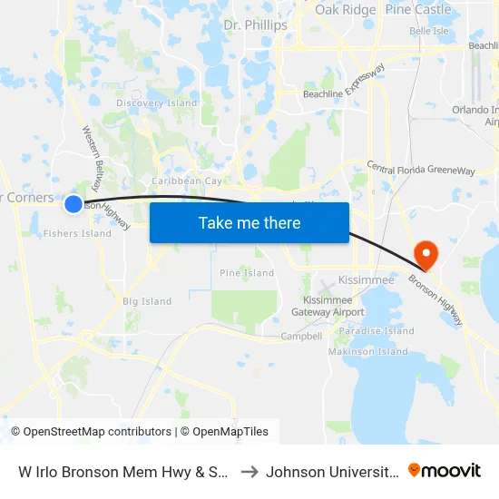 W Irlo Bronson Mem Hwy & Secret Lake Dr to Johnson University Florida map