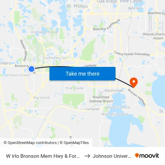W Irlo Bronson Mem Hwy & Formosa Gardens Blvd to Johnson University Florida map