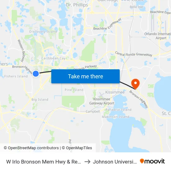W Irlo Bronson Mem Hwy & Reedy Creek Blvd to Johnson University Florida map