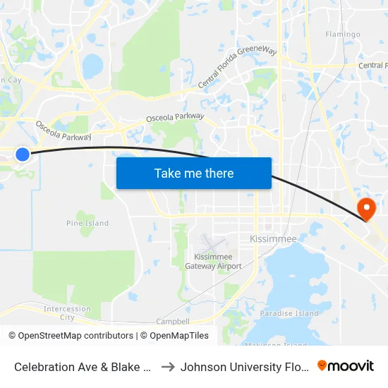 Celebration Ave & Blake Blvd to Johnson University Florida map