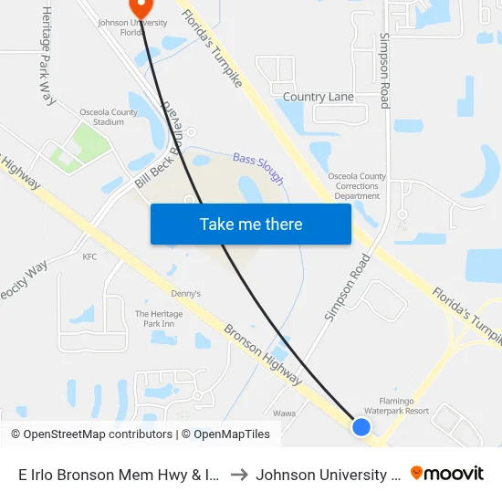 E Irlo Bronson Mem Hwy & Interior St to Johnson University Florida map