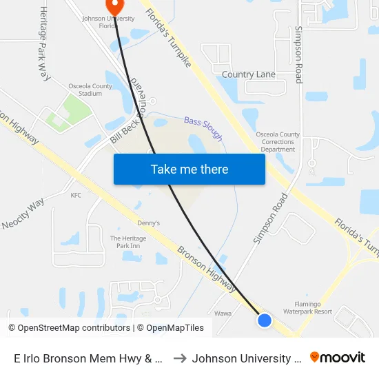 E Irlo Bronson Mem Hwy & Shady Ln to Johnson University Florida map