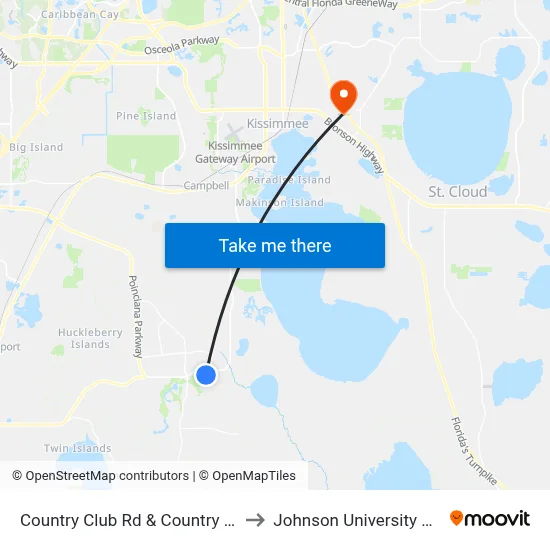 Country Club Rd & Country Club Ct to Johnson University Florida map