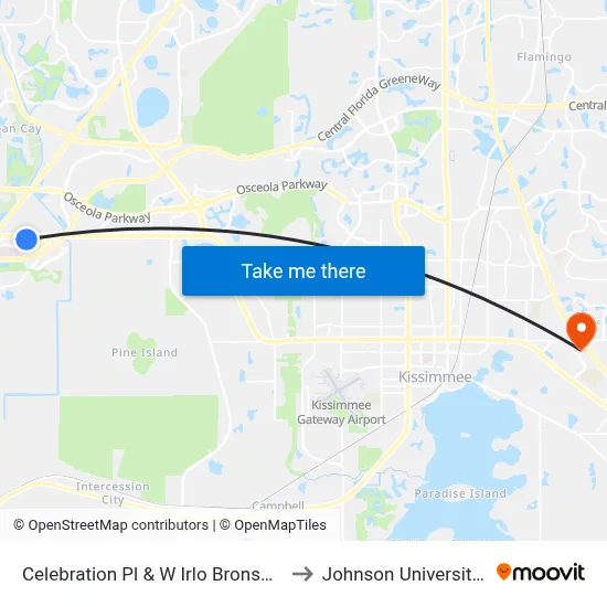 Celebration Pl & W Irlo Bronson Mem Hwy to Johnson University Florida map