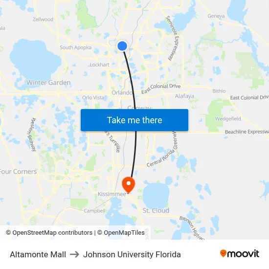 Altamonte Mall to Johnson University Florida map